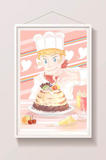 粉色卡通唯美厨师制作西式糕点插画图片
