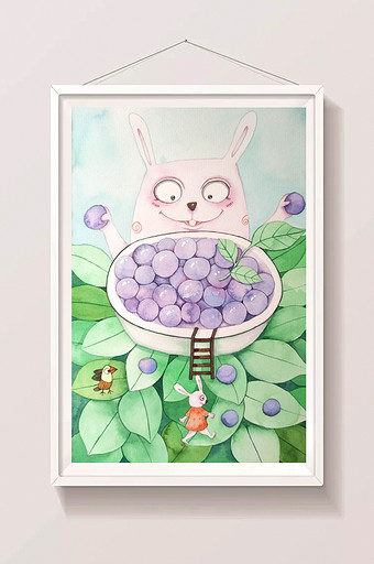 小清新手绘水彩兔子的水果蓝莓大餐插画图片