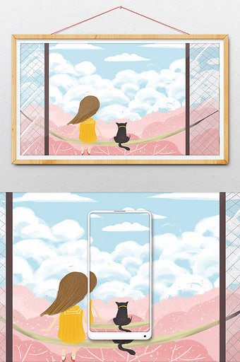 清新卡通阳台风景女孩和猫儿童治愈插画图片