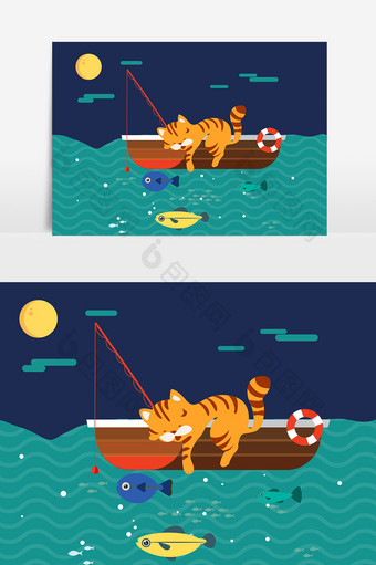 小猫钓鱼设计元素图片