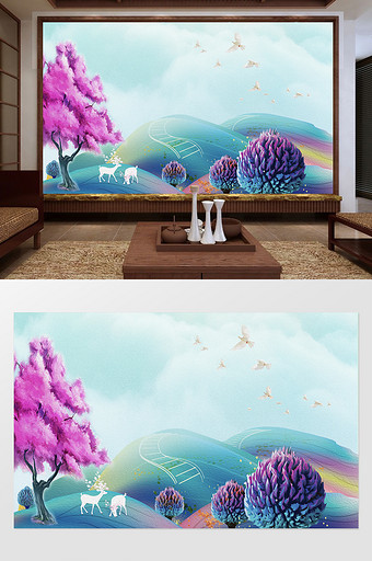 中式风格 油画 白鹿风景画 电视背景图图片