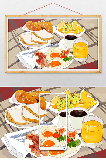 黄色美食水果面包煎蛋咖啡清新唯美插画图片