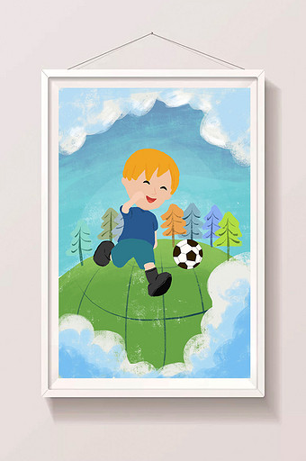 暑期生活儿童卡通踢足球世界杯海报手绘插画图片