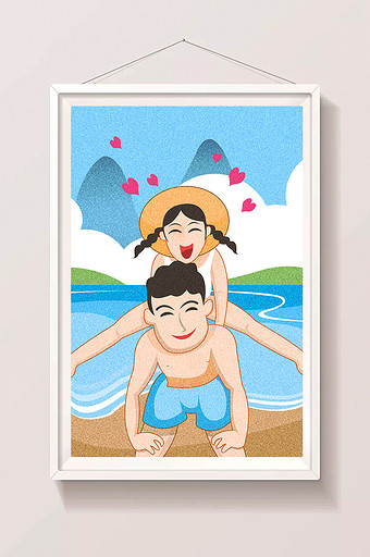 蓝色暑夏夏日风沙滩情侣插画图片