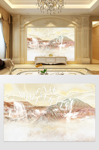 奢华欧式大理石纹理山水画电视背景墙定制图片