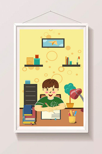 温馨黄色室内写作业学习暑假生活插画图片