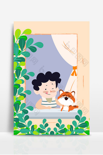 手绘可爱小男孩猫咪窗边风景清新海报背景图片