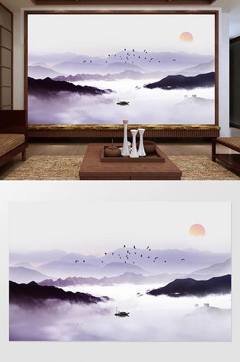新中式山峦云雾小船定制背景墙图片