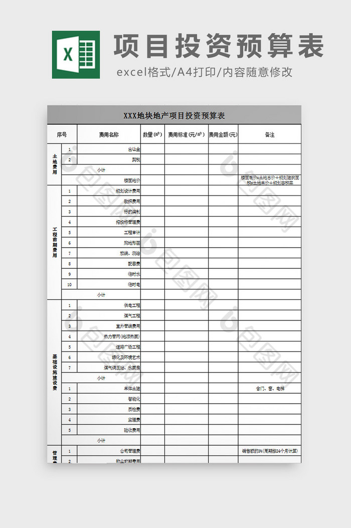 项目投资预算表excel模板