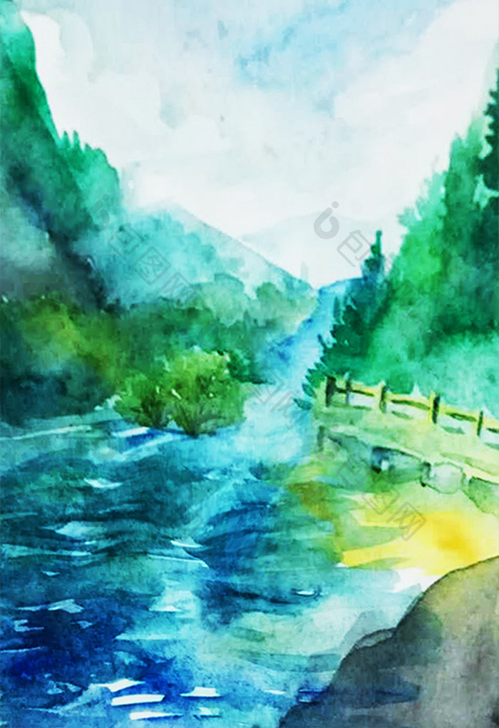 水彩山谷河流风景插画