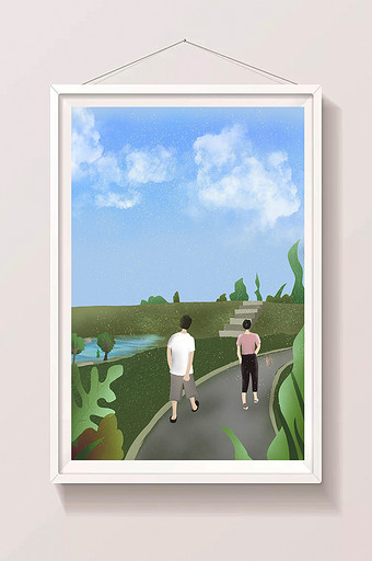蓝色清新水彩风暑期生活散步插画图片