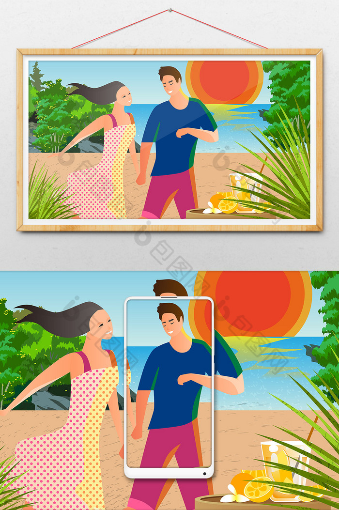 情人节情侣沙滩旅游插画图片图片