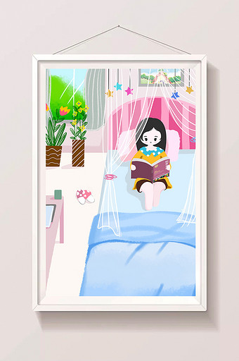手绘清新夏日暑假小女孩在家看书插画图片