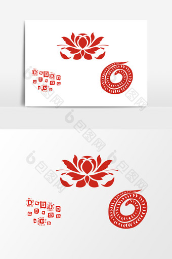 红色十二生肖剪纸传统纹样莲花矢量元素图片