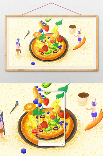 橙黄唯美暖色扁平风卡通果蔬西餐披萨插画图片