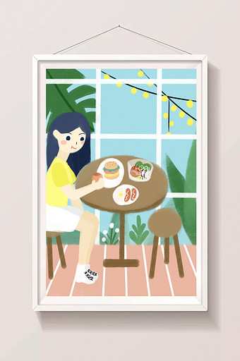小清新可爱下午茶美食汉堡蔬菜沙拉插画图片