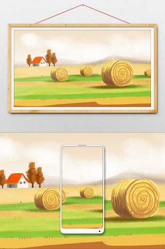 暖色系秋天丰收麦田地里的草垛手绘插画背景图片