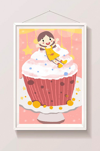 粉红浪漫美食人物西式甜点蛋糕手绘插画图片