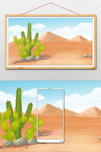 沙漠里的仙人掌手绘插画背景图片
