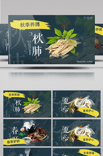 中国水墨晕染中医药文化四季ae模板图片