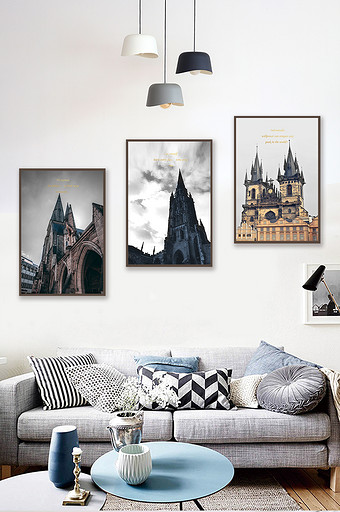 现代简欧风景城堡三联装饰画图片