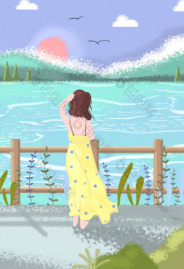 蓝色唯美夏季女孩海边度假插画