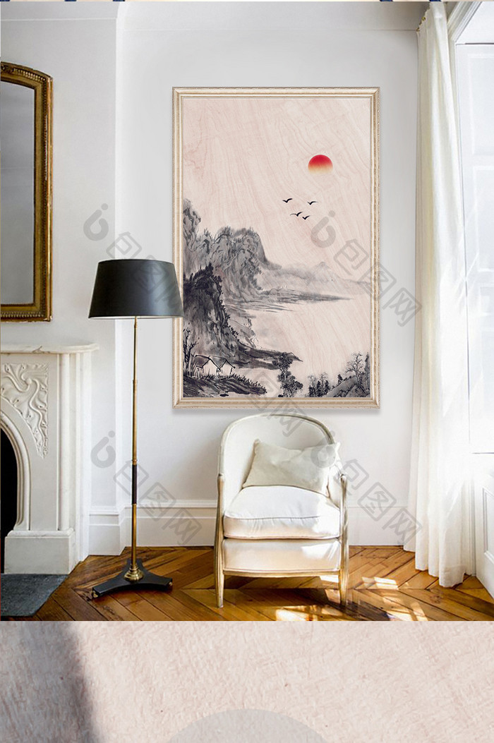 新中式诗意诗人小舟夕阳群鸟玄关画装饰定制
