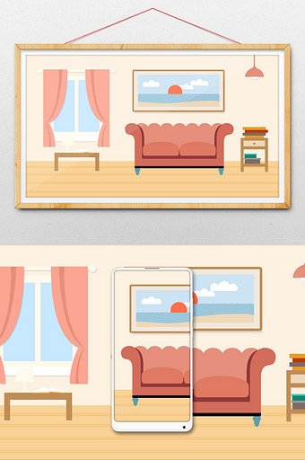 扁平风格温馨居家小客厅场景插画素材图片