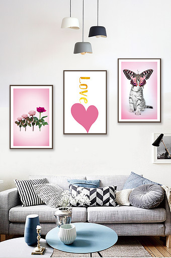 北欧粉色可爱玫瑰和猫客厅装饰画图片