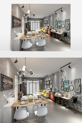 混搭风格餐厅与客厅空间max图片