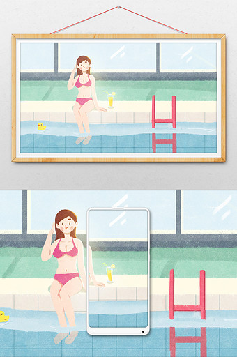 小清新夏天游泳女孩插画图片