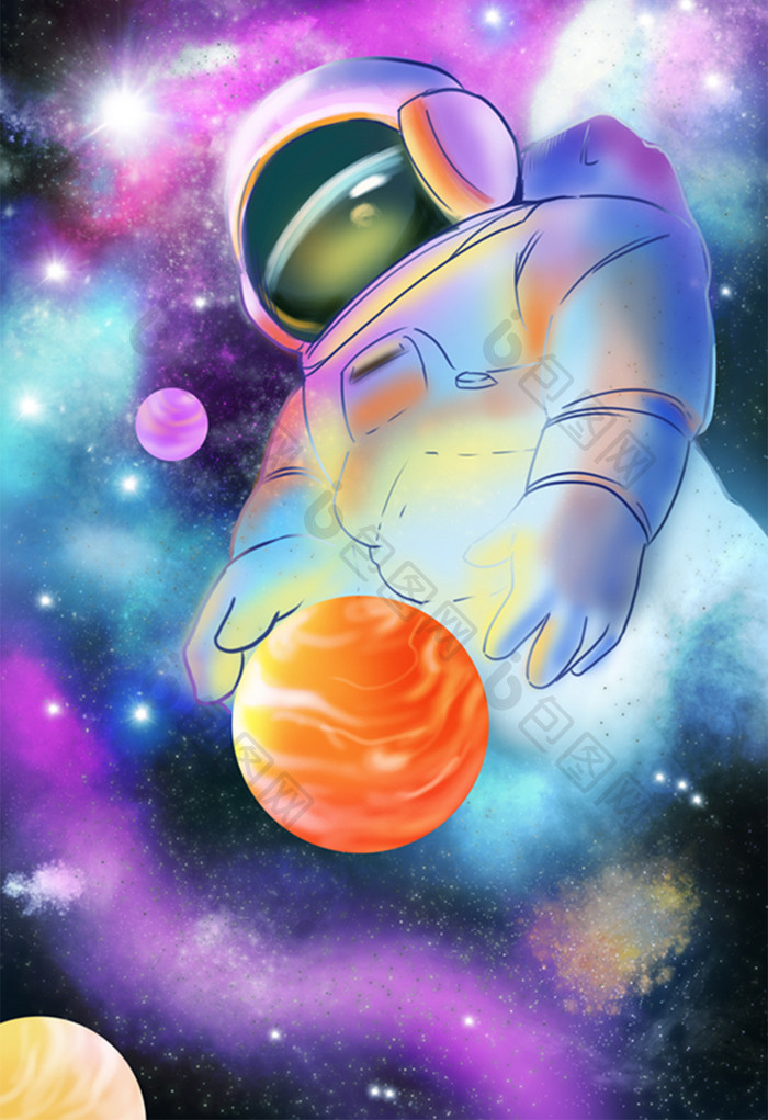 水彩新风格航天员与宇宙插画