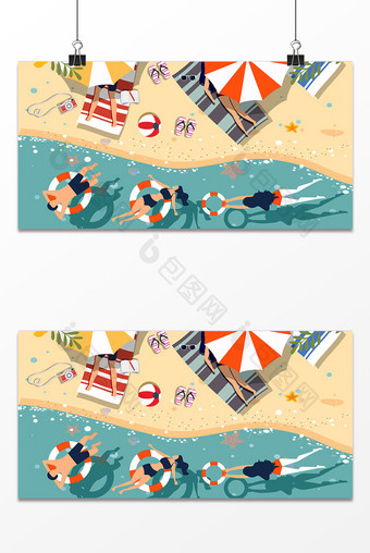 扁平化卡通沙滩海边度假海报背景图片