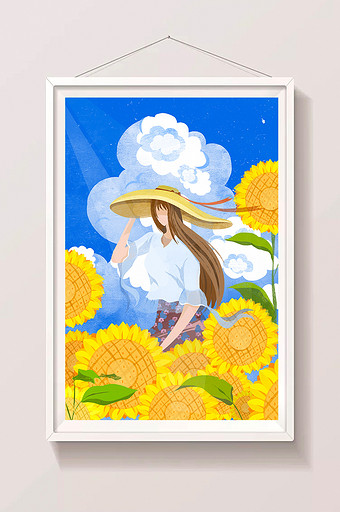 小清新唯美夏日向日葵云朵插画图片