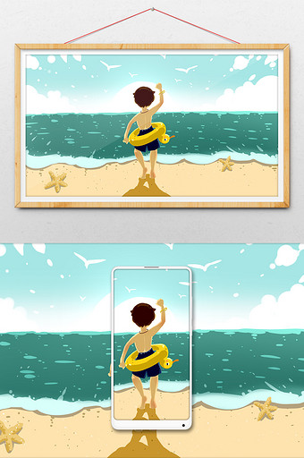 蓝色梦幻唯美小男孩在海边玩耍暑假生活插画图片