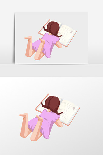 趴着看书的女孩插画元素图片