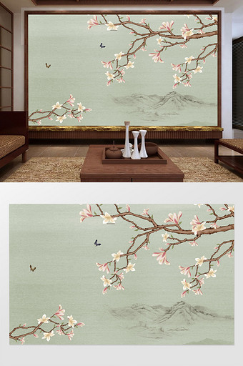 新中式手绘玉兰花电视背景墙图片
