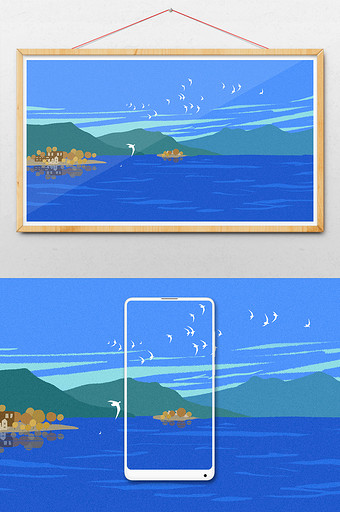 蓝色碧海蓝天海滨城市扁平插画背景图片