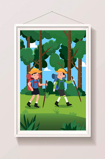 卡通清新情侣登山户外运动爬山森林露营插画图片