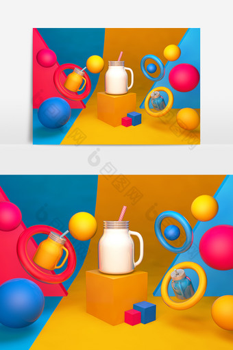 C4D创意原创卡通牛奶杯子玻璃杯子装饰元图片