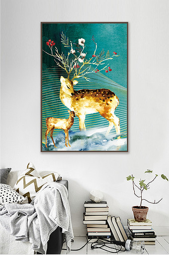 北欧金色线条金色鹿母鹿小鹿绿色背景装饰画图片