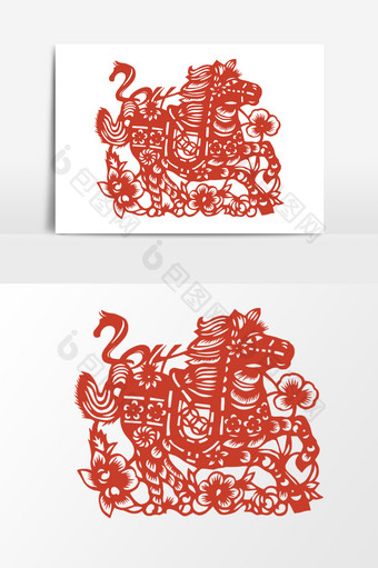 简洁中国传统红色剪纸窗花马年矢量元素图片