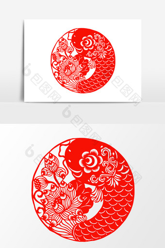 简洁中国传统红色剪纸窗花牡丹鱼矢量元素图片