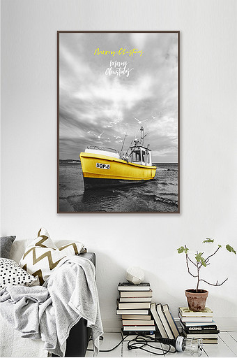 北欧风景黑白系列高档船舶装饰画无框画背景图片