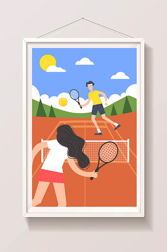 卡通清新暑期生活打网球户外运动情侣插画图片