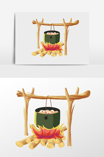 木架烧火煮汤插画元素图片