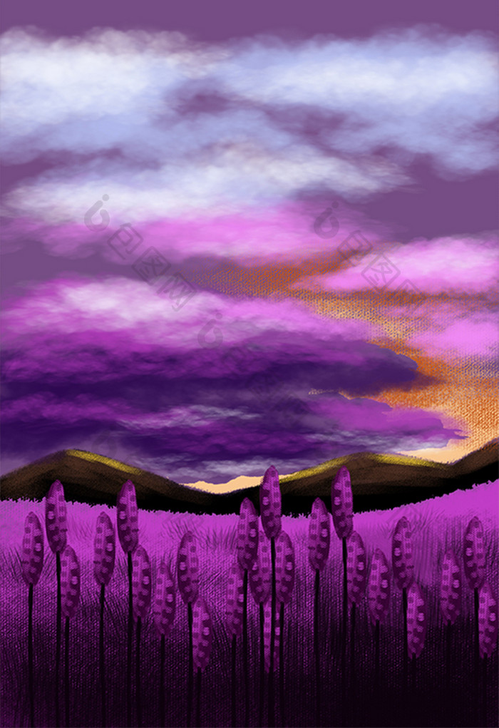 蓝色夏日紫色素材风景清新水彩手绘背景