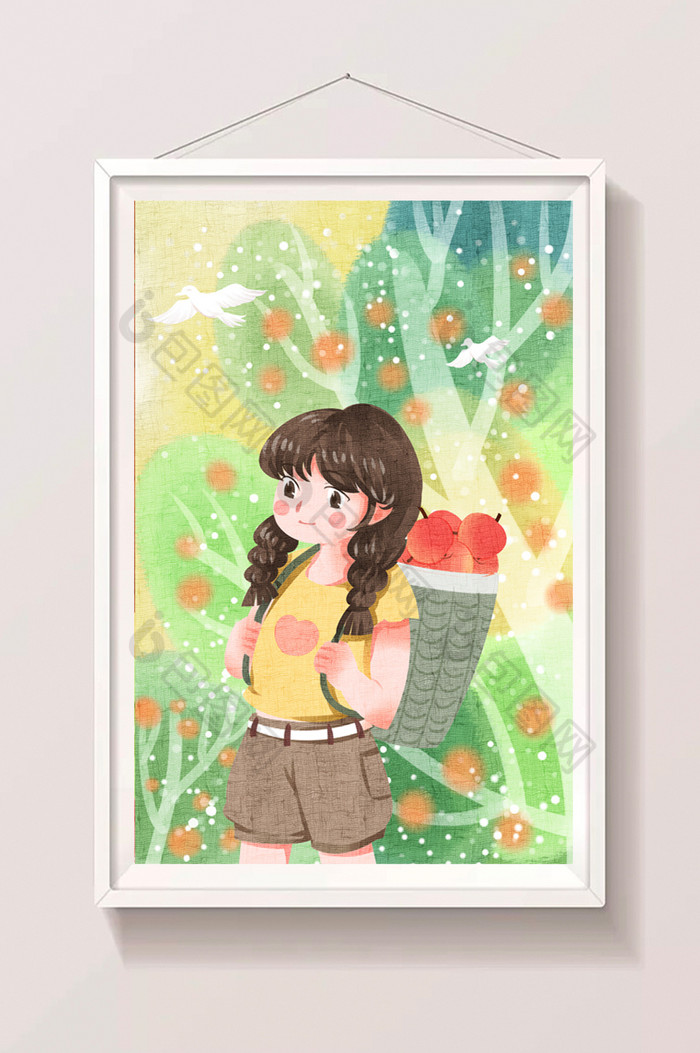 水彩可爱暑假女孩摘苹果劳动插画