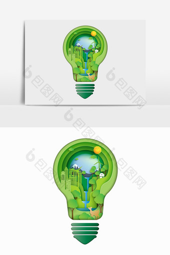 剪纸风绿色能源节能小灯泡地球熄灯一小时图片
