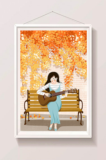 唯美节气立秋插画长椅上弹吉他女孩秋季插画图片